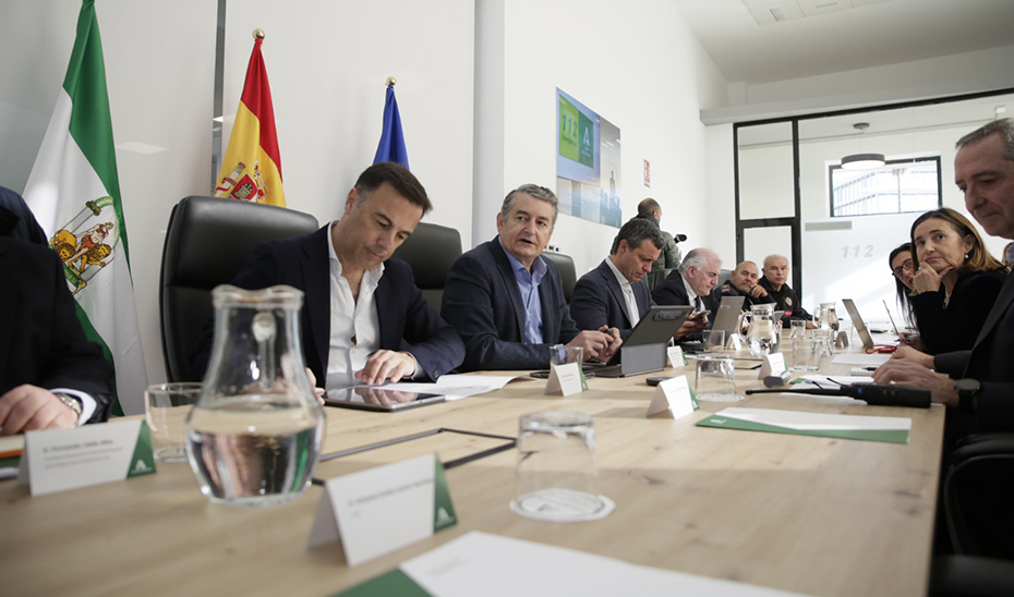 
			      El consejero de la Presidencia, Antonio Sanz, durante la reunión del Consejo Andaluz del Fuego.			    
			  